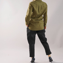 [Wafu +]整個季節正宗高級襯衫中厚亞麻剖切長袖/橄欖色T032A-OLV2 第4張的照片
