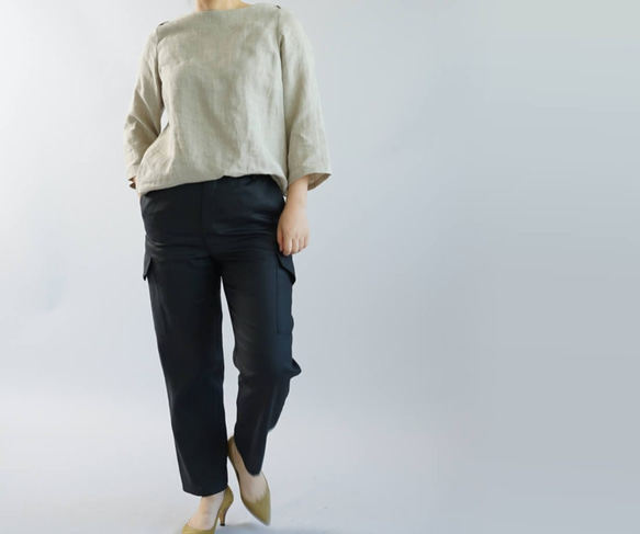 【wafu】薄地 リネン パンツ 男女兼用 リネンボトムス カーゴ パンツ ウエストゴム/ブラック b009a-bck1 2枚目の画像