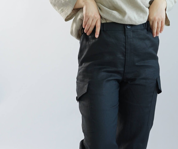 【wafu】薄地 リネン パンツ 男女兼用 リネンボトムス カーゴ パンツ ウエストゴム/ブラック b009a-bck1 3枚目の画像