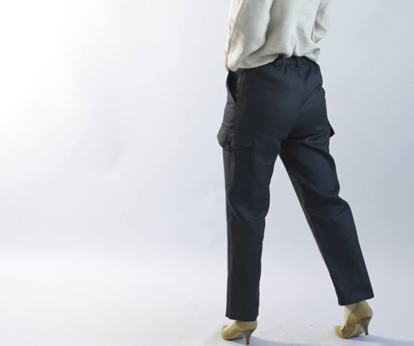 【wafu】薄地 リネン パンツ 男女兼用 リネンボトムス カーゴ パンツ ウエストゴム/ブラック b009a-bck1 6枚目の画像