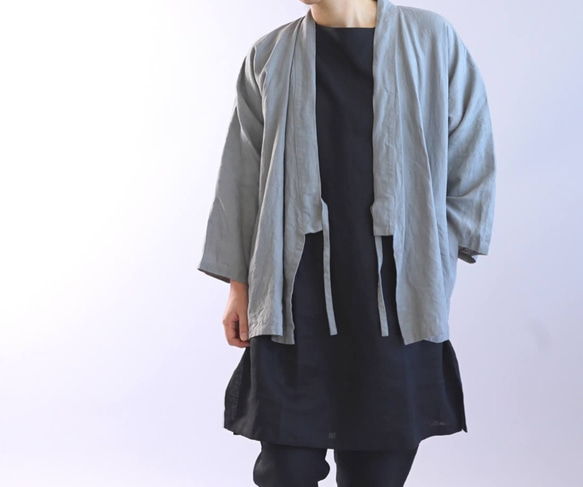 [Wafu]中厚亞麻薩摩和服Zen Haori亞麻開衫中性半袖/薄款無光澤h037b-unb2 第3張的照片
