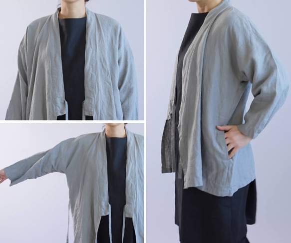 [Wafu]中厚亞麻薩摩和服Zen Haori亞麻開衫中性半袖/薄款無光澤h037b-unb2 第9張的照片