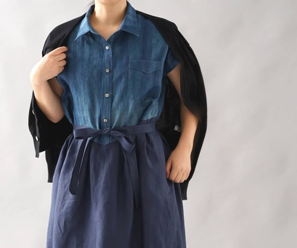 【wafu】伝統製法 正藍染 中厚 リネン ワンピース シャツ襟 藍染ドレス/藍色×ネイビー a064d-inn2 3枚目の画像