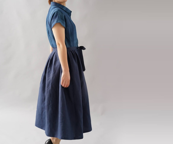 【wafu】伝統製法 正藍染 中厚 リネン ワンピース シャツ襟 藍染ドレス/藍色×ネイビー a064d-inn2 6枚目の画像