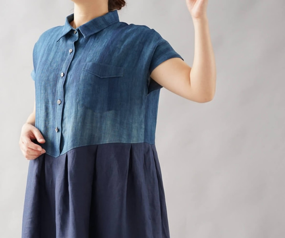 【wafu】伝統製法 正藍染 中厚 リネン ワンピース シャツ襟 藍染ドレス/藍色×ネイビー a064d-inn2 8枚目の画像