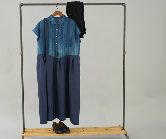 [Wafu]靛藍染料中厚亞麻連衣裙襯衫領靛藍連衣裙/靛藍x海軍藍A064D-INN2的傳統製造方法 第9張的照片