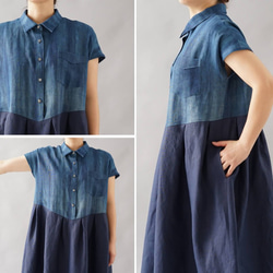 [Wafu]靛藍染料中厚亞麻連衣裙襯衫領靛藍連衣裙/靛藍x海軍藍A064D-INN2的傳統製造方法 第10張的照片