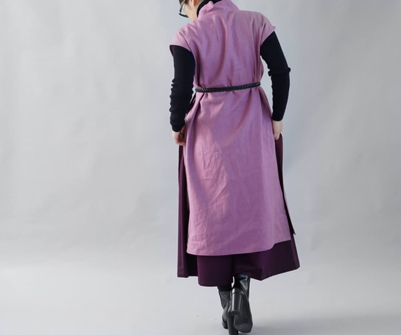 【wafu】中厚 リネン ワンピース 着物襟 フレンチスリーブ サイドスリット/ブーガンヴィレ a084c-bvl2 7枚目の画像