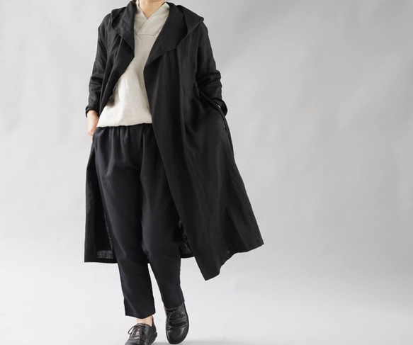 [Wafu] 中厚亞麻大衣長袍長款男女通用防紫外線/黑色 h009a-bck2 第3張的照片
