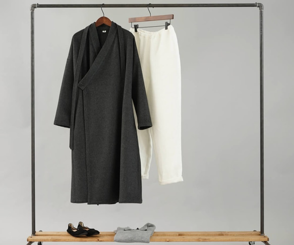 [Wafu] 100％羊毛長袍外套haori dolman袖禮服/炭灰色H037D-MCH3 第9張的照片