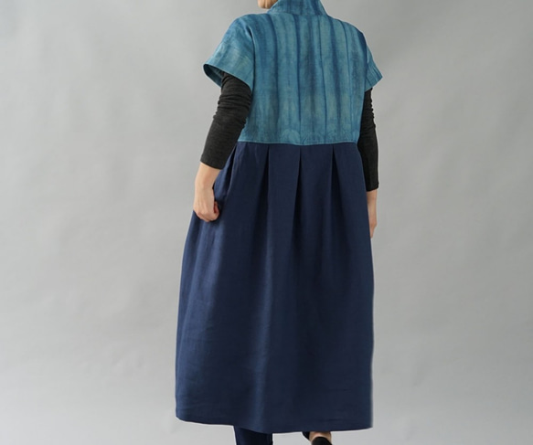 【和服】傳統製作方法純靛藍染中厚亞麻連衣裙和服領 Dolman 袖 Zen/indigo x navy a084d-inn2 第2張的照片