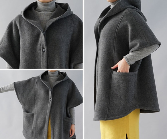 【Wafu】最後一個穿羊毛100％美食宮廷雨披大衣外套口袋/灰色b15-4-1 第9張的照片