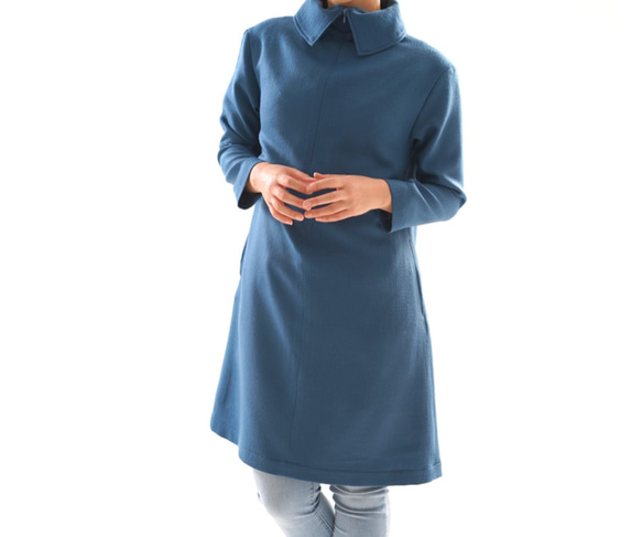 【Wafu】&lt;1限量售罄&gt;全襯裡羊毛連衣裙高領長袖緊固件/藍色a43-26 第1張的照片