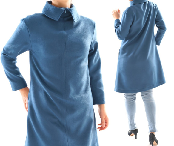 【Wafu】&lt;1限量售罄&gt;全襯裡羊毛連衣裙高領長袖緊固件/藍色a43-26 第2張的照片