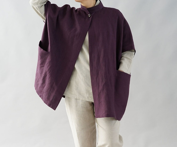 wafu】厚地 起毛リネン コート スタンドカラー ポンチョ 羽織 ポケット