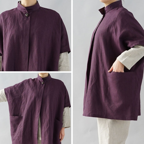 wafu】厚地 起毛リネン コート スタンドカラー ポンチョ 羽織 ポケット