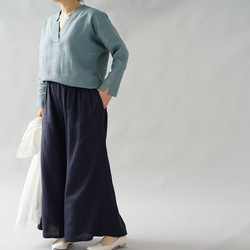 [Wafu]中等厚度亞麻100％女襯衫上衣和服領子短袖/淺藍色t028a-ebn2 第1張的照片