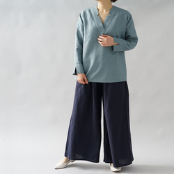 [Wafu]中等厚度亞麻100％女襯衫上衣和服領子短袖/淺藍色t028a-ebn2 第7張的照片