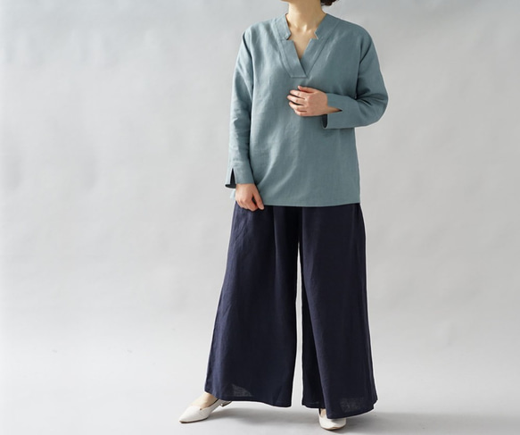 [Wafu]中等厚度亞麻100％女襯衫上衣和服領子短袖/淺藍色t028a-ebn2 第7張的照片