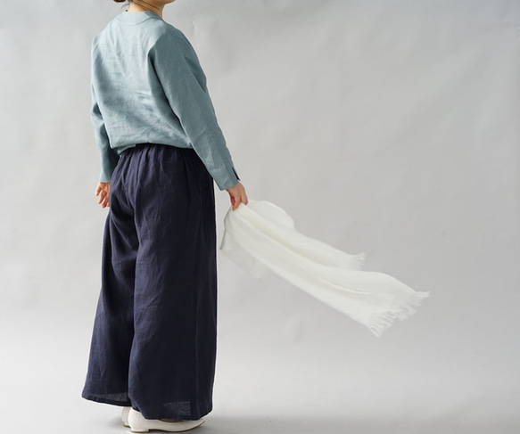 [Wafu]中等厚度亞麻100％女襯衫上衣和服領子短袖/淺藍色t028a-ebn2 第8張的照片