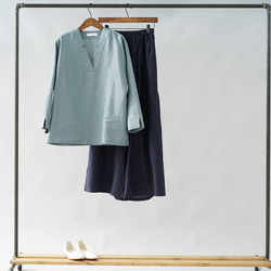 [Wafu]中等厚度亞麻100％女襯衫上衣和服領子短袖/淺藍色t028a-ebn2 第9張的照片
