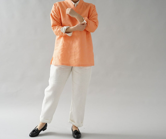 [Wafu]中等厚度的亞麻上衣禪和服領子杜爾曼袖上衣束腰上衣/卡普辛T010B-CPN2 第8張的照片