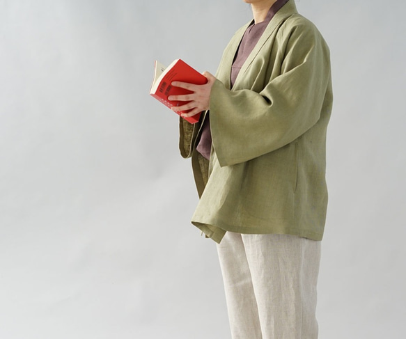 [Wafu]中厚亞麻布Samue Zen Haori Bell袖子開衫中性/ Yanagizome h037a-ign2 第3張的照片