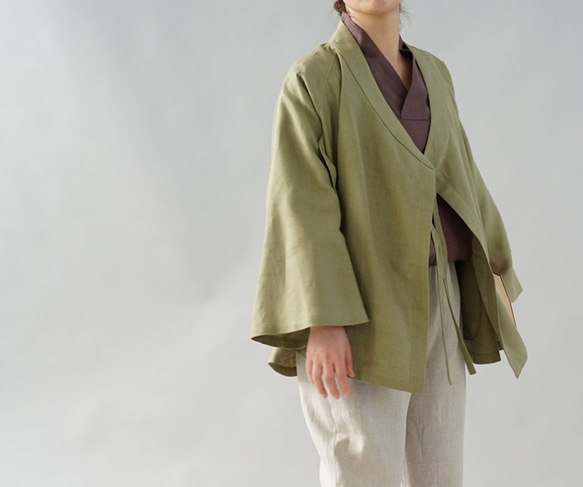 [Wafu]中厚亞麻布Samue Zen Haori Bell袖子開衫中性/ Yanagizome h037a-ign2 第8張的照片