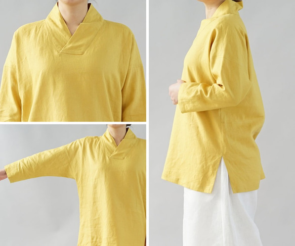 [Wafu]中厚亞麻上衣Zen和服領Dolman袖上衣/鉻黃色t010b-cye2 第6張的照片