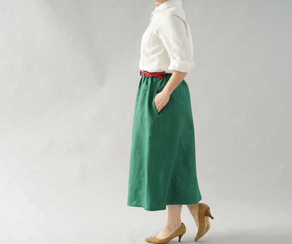 [Wafu]中厚亞麻裙前褶雙橡膠長/帝國綠色s018a-egn2 第2張的照片
