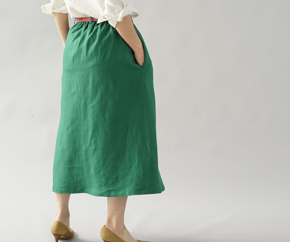 [Wafu]中厚亞麻裙前褶雙橡膠長/帝國綠色s018a-egn2 第3張的照片