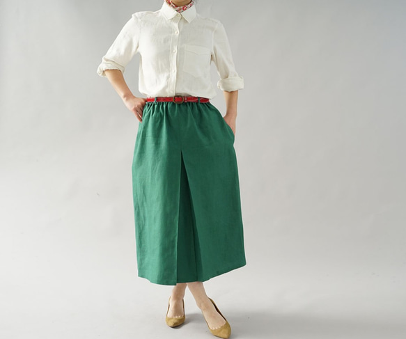 [Wafu]中厚亞麻裙前褶雙橡膠長/帝國綠色s018a-egn2 第4張的照片