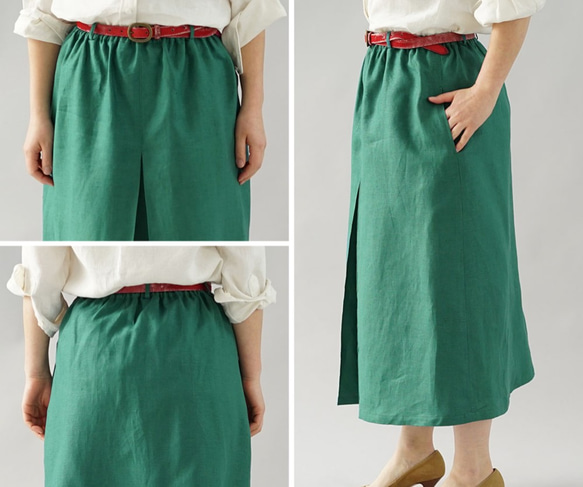 [Wafu]中厚亞麻裙前褶雙橡膠長/帝國綠色s018a-egn2 第10張的照片