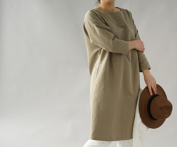 【Wafu】&lt;學徒作品&gt;純棉亞麻連身裙Dolman Sleeve / Dusty Olive a008a-dov3 第4張的照片