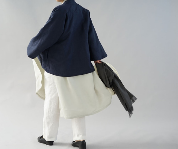 【wafu】中厚 リネン 作務衣 和装 羽織 ベルスリーブ カーディガン 男女兼用 / 紺 h037a-neb3 7枚目の画像