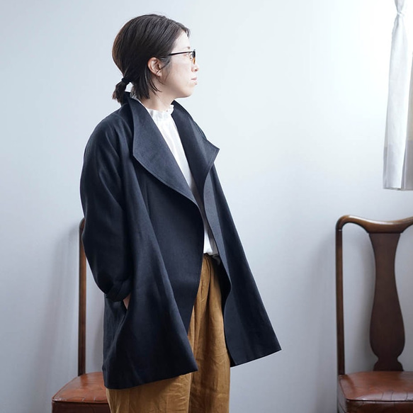 【wafu】Linen Jacket ウイングカラー コート 裏地アリ / ブラック h039f-bck3 2枚目の画像