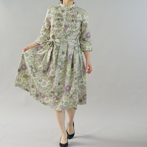 セール‼️リネン スタンドカラーワンピース新品未使用 パープル系ハンドメイド作家 セール‼️リネン スタンドカラーワンピース新品未使用 パープル系