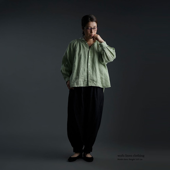 【wafu】雅亜麻 linen shirt リネンシャツ 60番手 ハンドワッシャー/もえぎ t034a-meg1 5枚目の画像