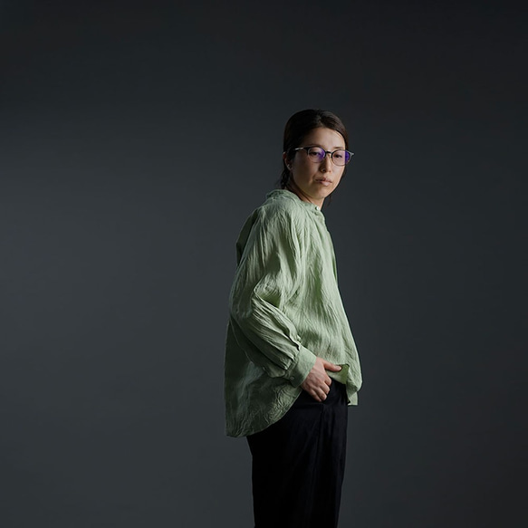 【wafu】雅亜麻 linen shirt リネンシャツ 60番手 ハンドワッシャー/もえぎ t034a-meg1 6枚目の画像