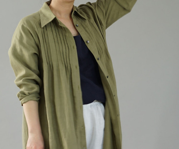 [Wafu]中厚亞麻連衣裙2way細褶連衣裙襯衫領Haori /鳶尾綠色a081j-ign2 第6張的照片