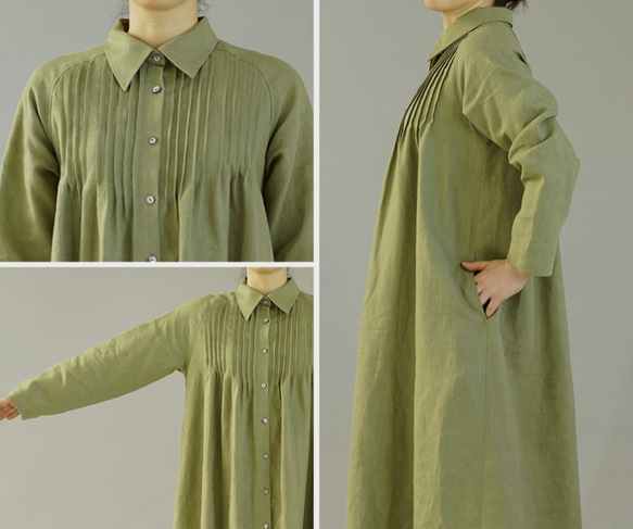 [Wafu]中厚亞麻連衣裙2way細褶連衣裙襯衫領Haori /鳶尾綠色a081j-ign2 第9張的照片