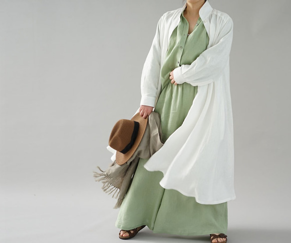 [wafu] 薄亞麻洋裝外罩大喇叭洋裝 2way 長袖 / 白 a080a-wt1 第2張的照片