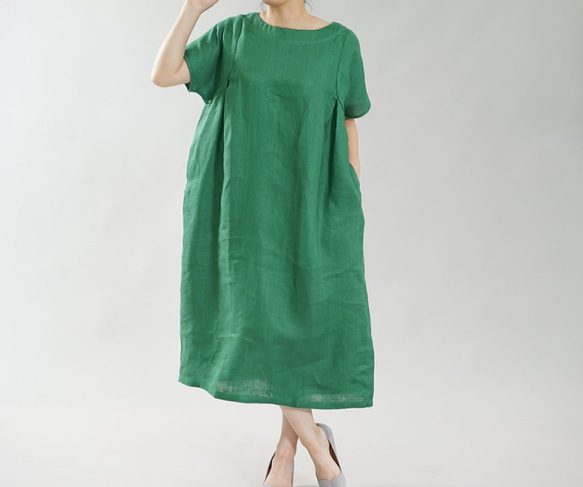 [Wafu] 純亞麻洋装 Midweight Linen A-line Dress / 孔雀石綠A083C-MGN2 第1張的照片