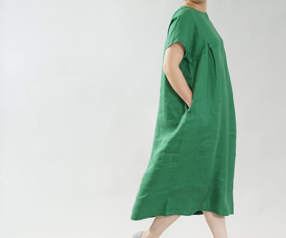 [Wafu] 純亞麻洋装 Midweight Linen A-line Dress / 孔雀石綠A083C-MGN2 第2張的照片