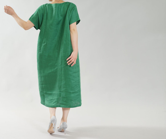 [Wafu] 純亞麻洋装 Midweight Linen A-line Dress / 孔雀石綠A083C-MGN2 第3張的照片