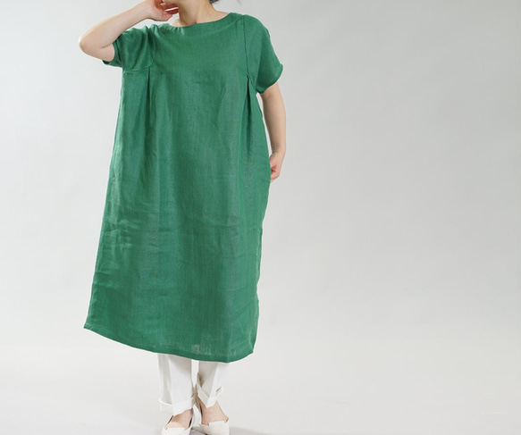 [Wafu] 純亞麻洋装 Midweight Linen A-line Dress / 孔雀石綠A083C-MGN2 第6張的照片