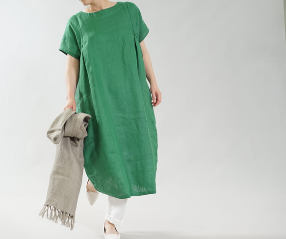 [Wafu] 純亞麻洋装 Midweight Linen A-line Dress / 孔雀石綠A083C-MGN2 第7張的照片