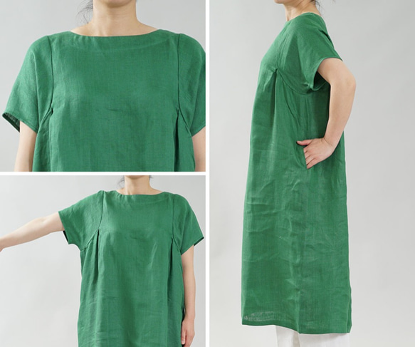 [Wafu] 純亞麻洋装 Midweight Linen A-line Dress / 孔雀石綠A083C-MGN2 第9張的照片