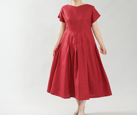 【限購2件】比利時亞麻連衣裙淺V領/寶石紅a062e-rre2 第1張的照片