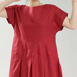 【限購2件】比利時亞麻連衣裙淺V領/寶石紅a062e-rre2 第4張的照片